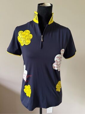 Authentic Original Vintage Style Navy Yellow Floral Graphic 1/4 Zip Polo Small